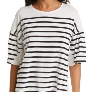 La Ligne Puff Sleeve Top White Black Striped Size XL